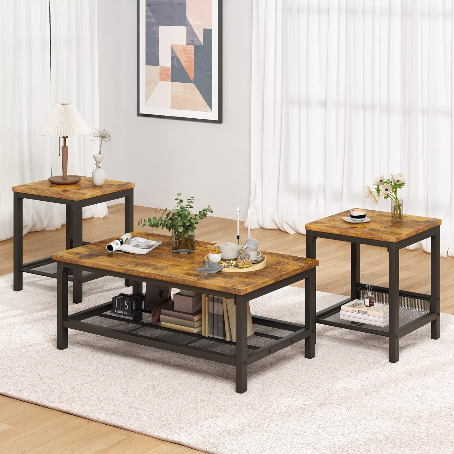 MOOSENG Coffee Table Set of 3, Industrial Vintage Wood Coffee Table with 2 Square End Side Tables, Easy Assembly Living Room Table Set for Offices, Living Rooms and Apartments, Brown