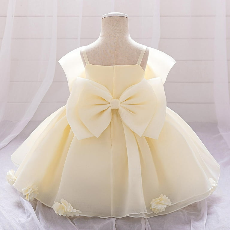 Efsteb 6m-3y Newborn Baby Girl Dress Clothes Cute Bow Tie Front Strappy Princess Flower Dresses Formal Elegant Layered Lace Gowns (Yellow,12 Months)