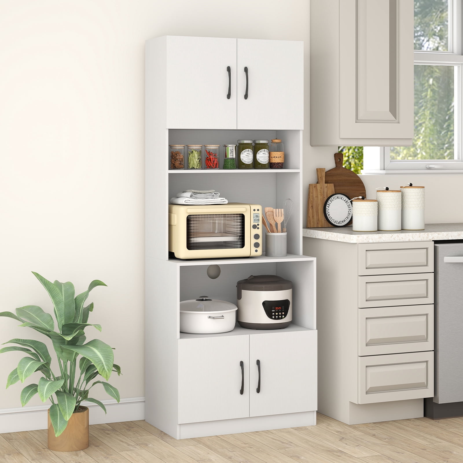 Costway Kitchen Pantry Cabinet with Charging Station, Adjustable Shelves and Doors, White