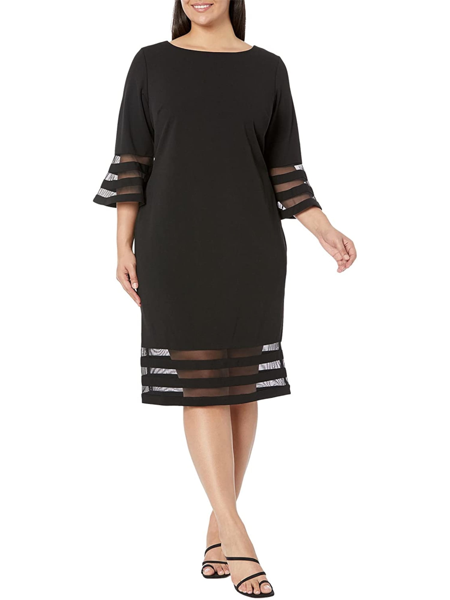 CALVIN KLEIN Womens Black Sheer Bell Sleeve Boat Neck Below The Knee