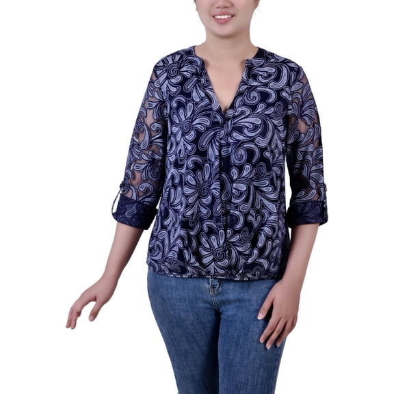NY Collection Womens Burnout Print Basic T-Shirt, Blue, Petite, PM