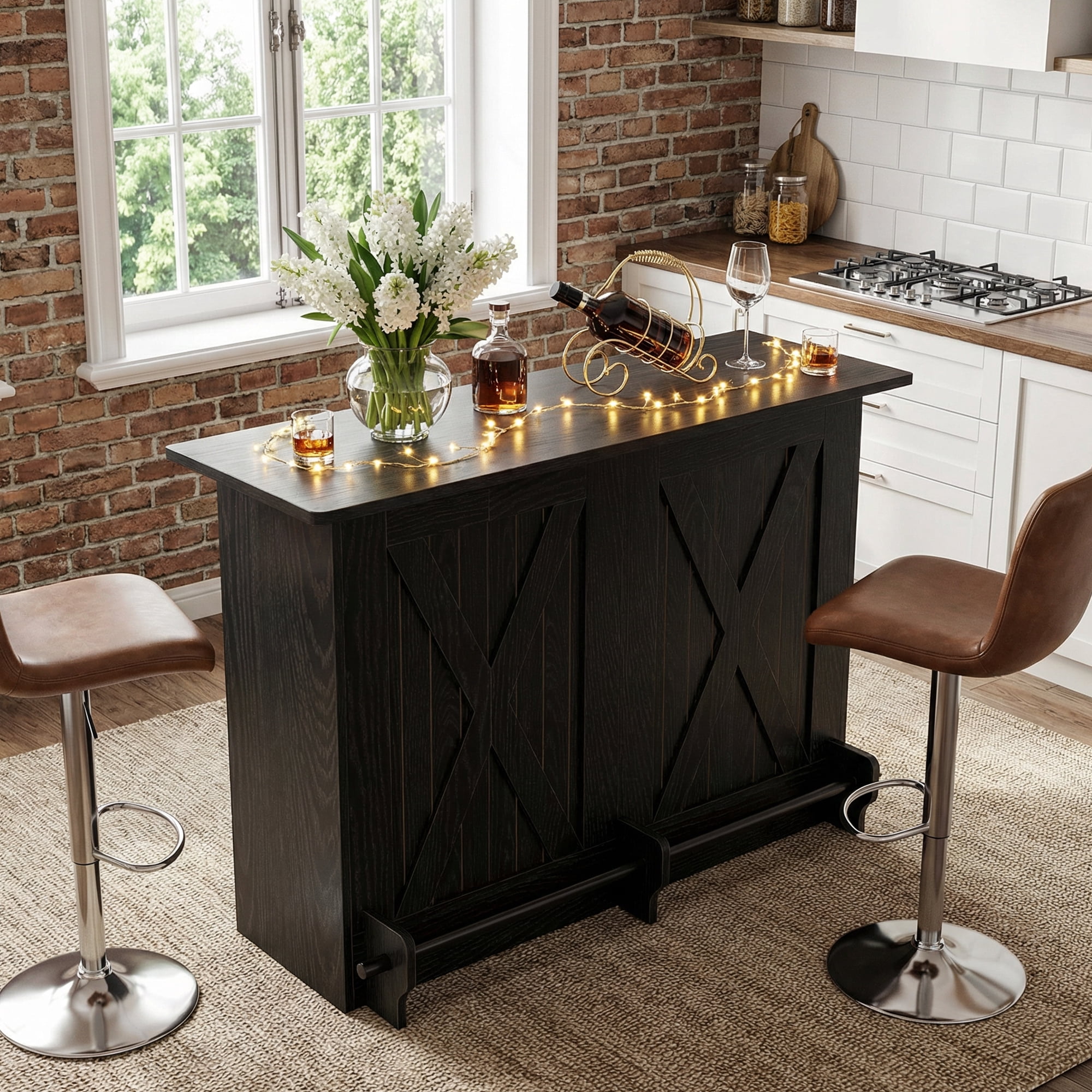 MAYEERTY 63 Inch 2 Tier Home Bar Unit, Industrial Bar Table Coffee Cabinet with Footrest, Adjustable Leg Pads for Home Party Wine Storage