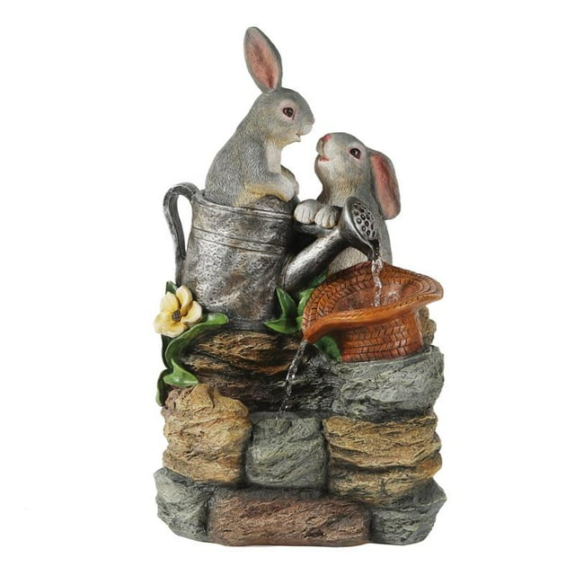 LuxenHome Résine Gris Lapin Amis Fontaine Extérieure avec Lumière LED