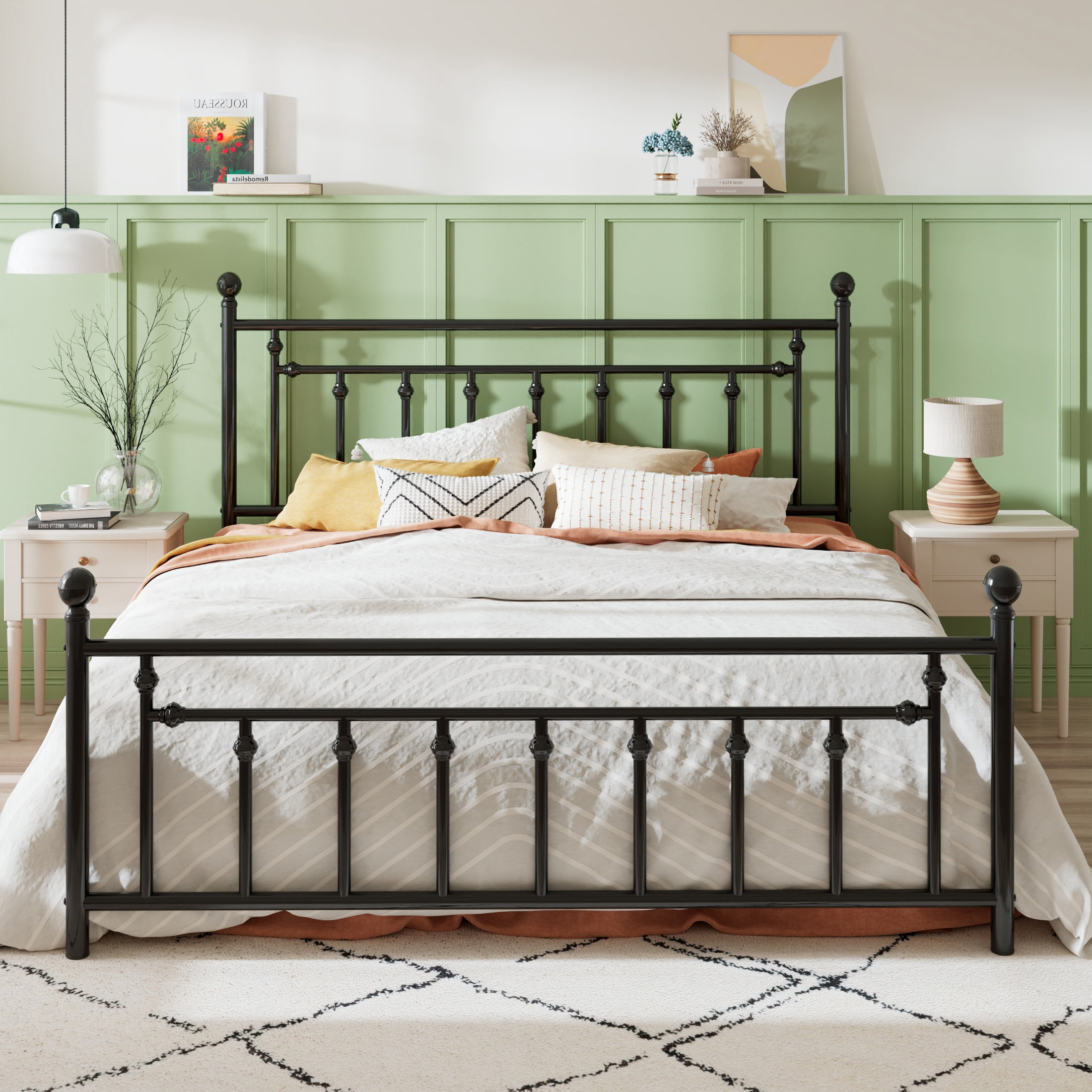 Sha Cerlin Black King Size Metal Platform Bed Frame with Victorian Vintage Headboard & Footboard