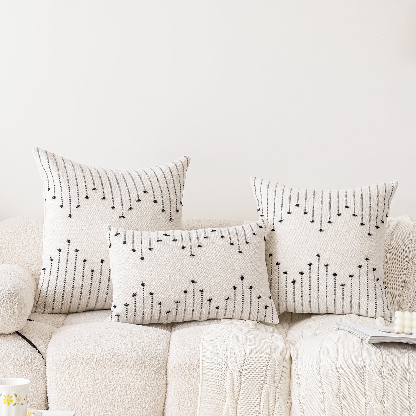 Skodaer Boho Decorative Throw Pillow Covers Beige and Black Striped Pillow Case,12x20,2 Count
