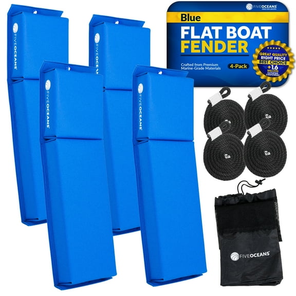 Five Oceans Contour Flat Boat Fender, Boat Fenders, Boat Bumpers for Docking, 4-Pack - 24-Inch, Blue, with 3/8-Inch x 5-Foot Fender Line and Convenient Storage Bag, Waterproof PVC Fabric - FO4680