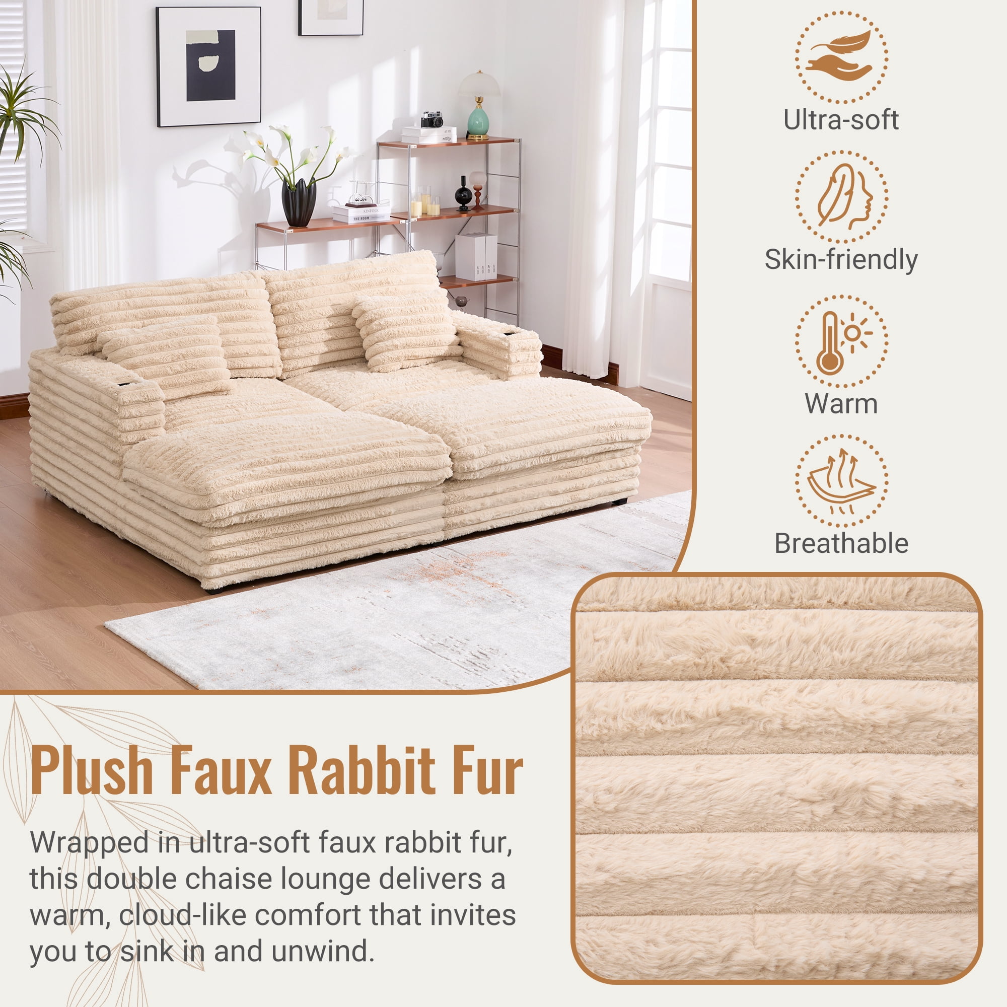 Euroco Oversized Double Chaise Lounge Sofa 83.5" Sofa Bed Cloud Couch Plush Upholstered Sleeper Sofa Daybed with Two Supportive Pillows, USB Ports and Cup Holders for Living Room, Champagne