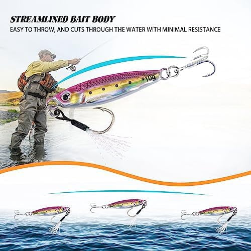 Jointown Fishing Jigs, Lead Vertical Jig Saltwater, Jig Fishing Lures with Assist Hook and Treble Hook, 7g-80g Fishing Jigging Spoon Lures for Tuna,Salmon,Sailfish,StripedBass,Grouper Snapper,Kin