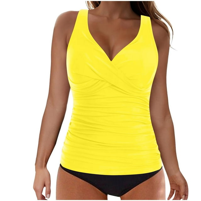 Womens Twist Front Tankinis 2 Piece Bathing Suits Cross Adjustable Strap Modest Swim Suits for Women Mother Yellow, L