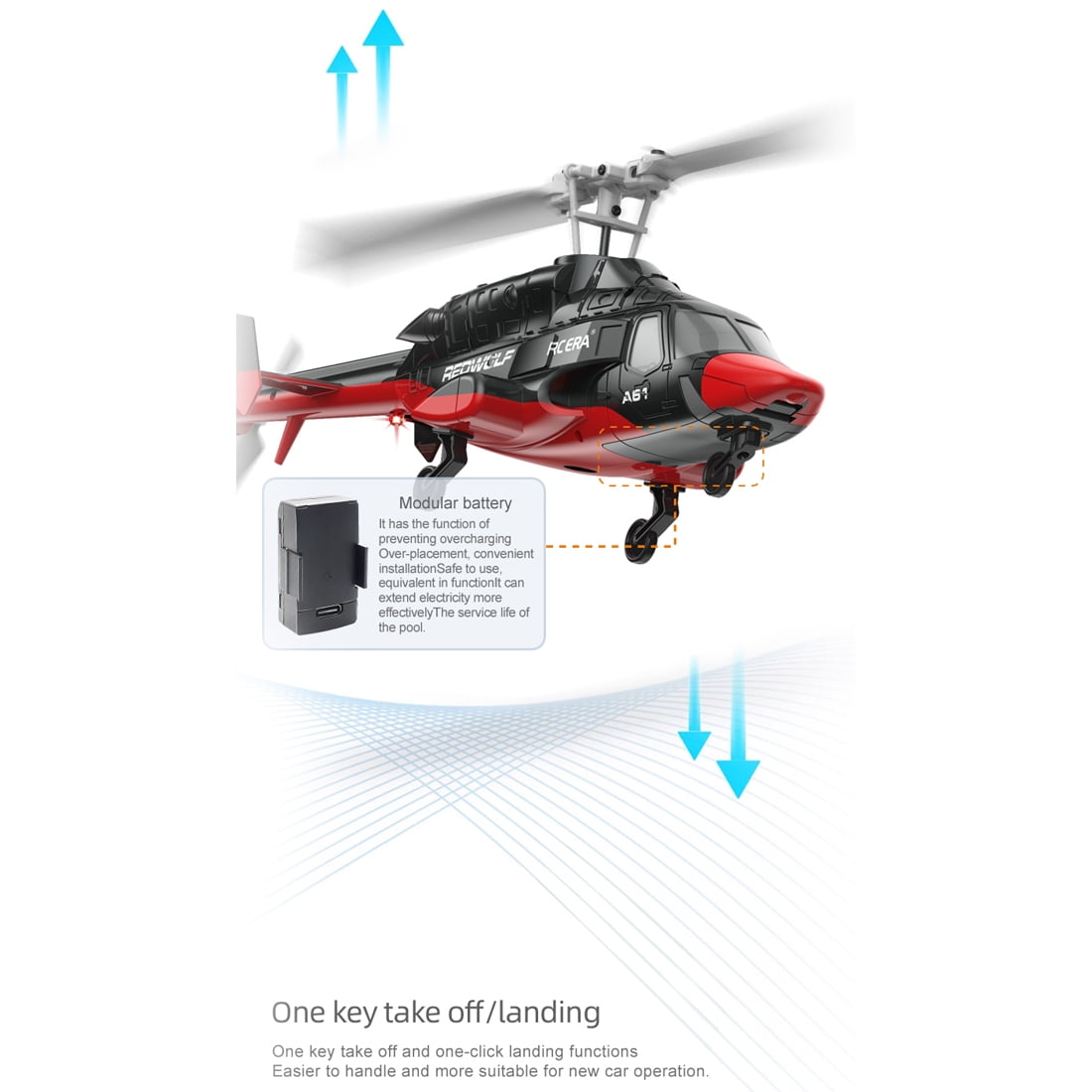 RC ERA A61 RC Helicopter for Adults, 1/52 Scale 2.4G 4CH Little Air-Wolf Remote Control Helicopter with One-Key Takeoff/Landing, Gift for Adults & Teens