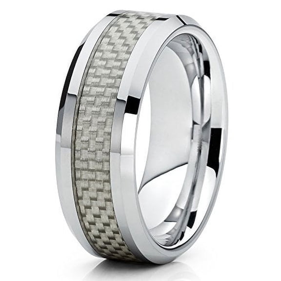 8mm Polished Silver Tungsten Carbide Wedding Ring Beveled Edges Carbon Fiber Center Gray Band 8.5