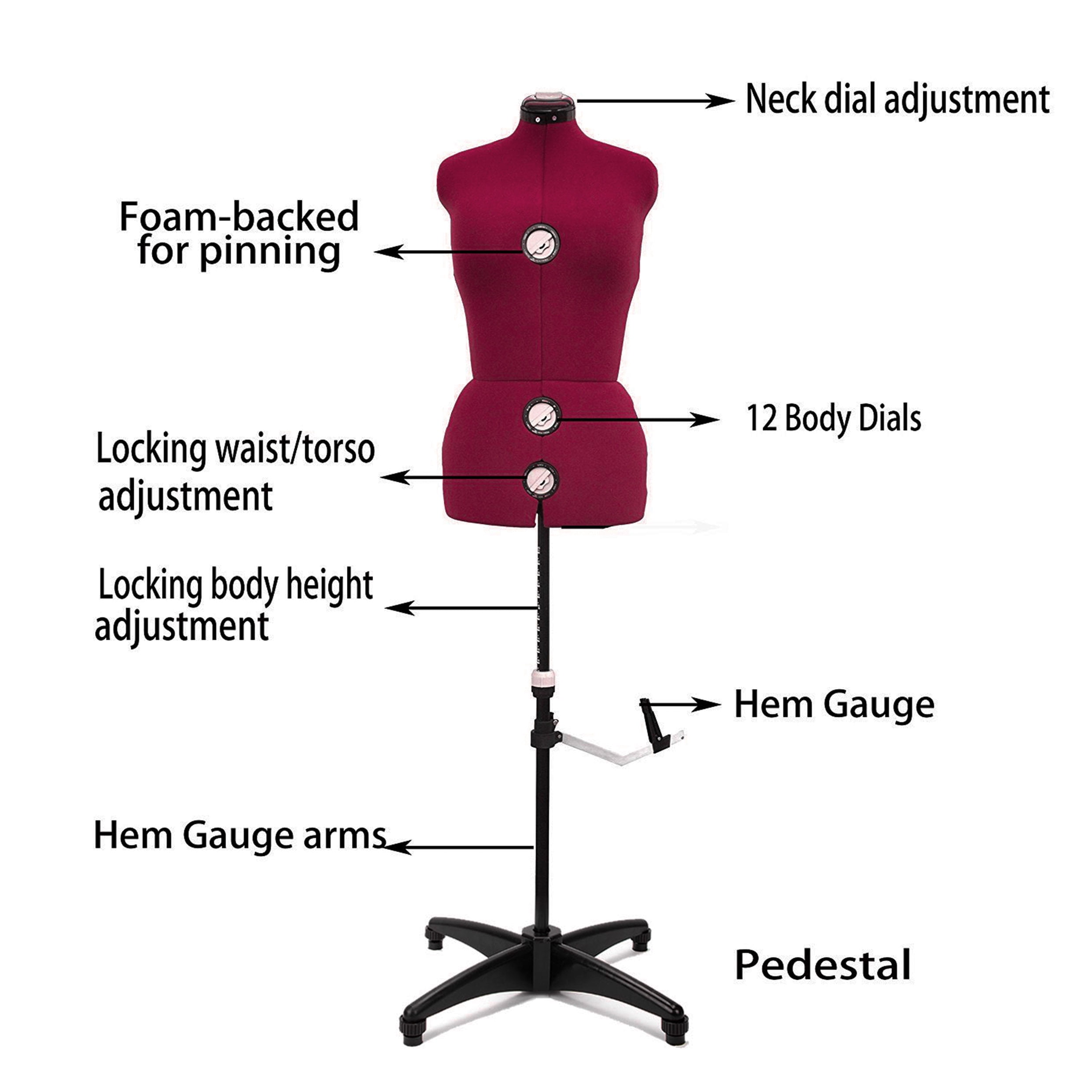 GEX 13 Dials Female Fabric Adjustable Mannequin Dress Form for Sewing, Mannequin Body Torso with Stand, Up to 70" Shoulder Height Burgundy (Large)