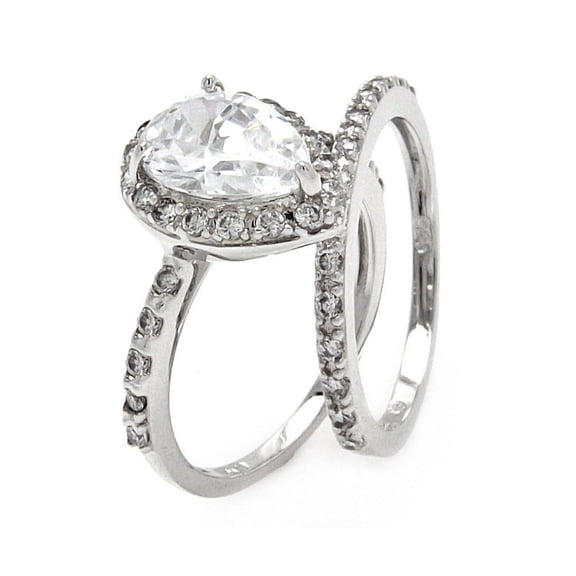 Clear Pear Shaped Cubic Zirconia Set Of Two Bridal Ring Rhodium Plated Sterling Silver Size 8