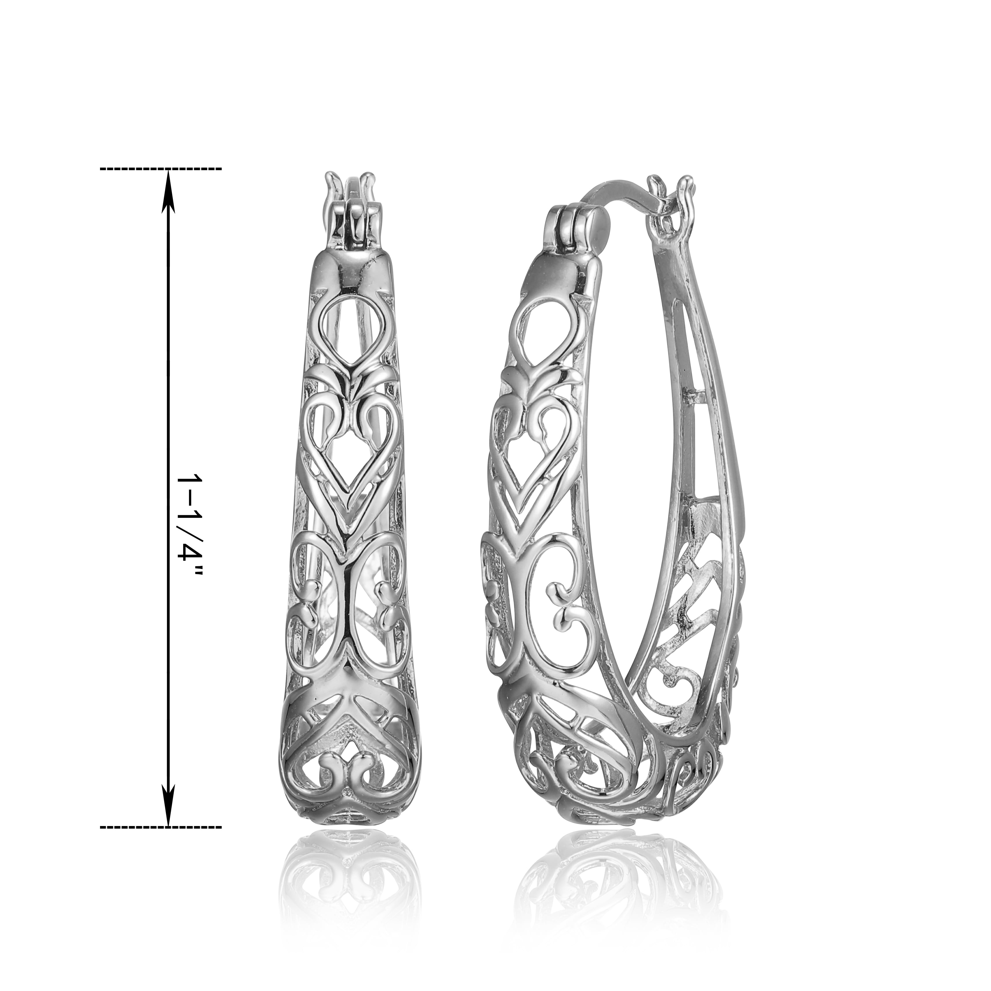 Forever Facets Filigree Oval Hoop Earrings in Rhodium Plated Sterling Silver, Adult Female