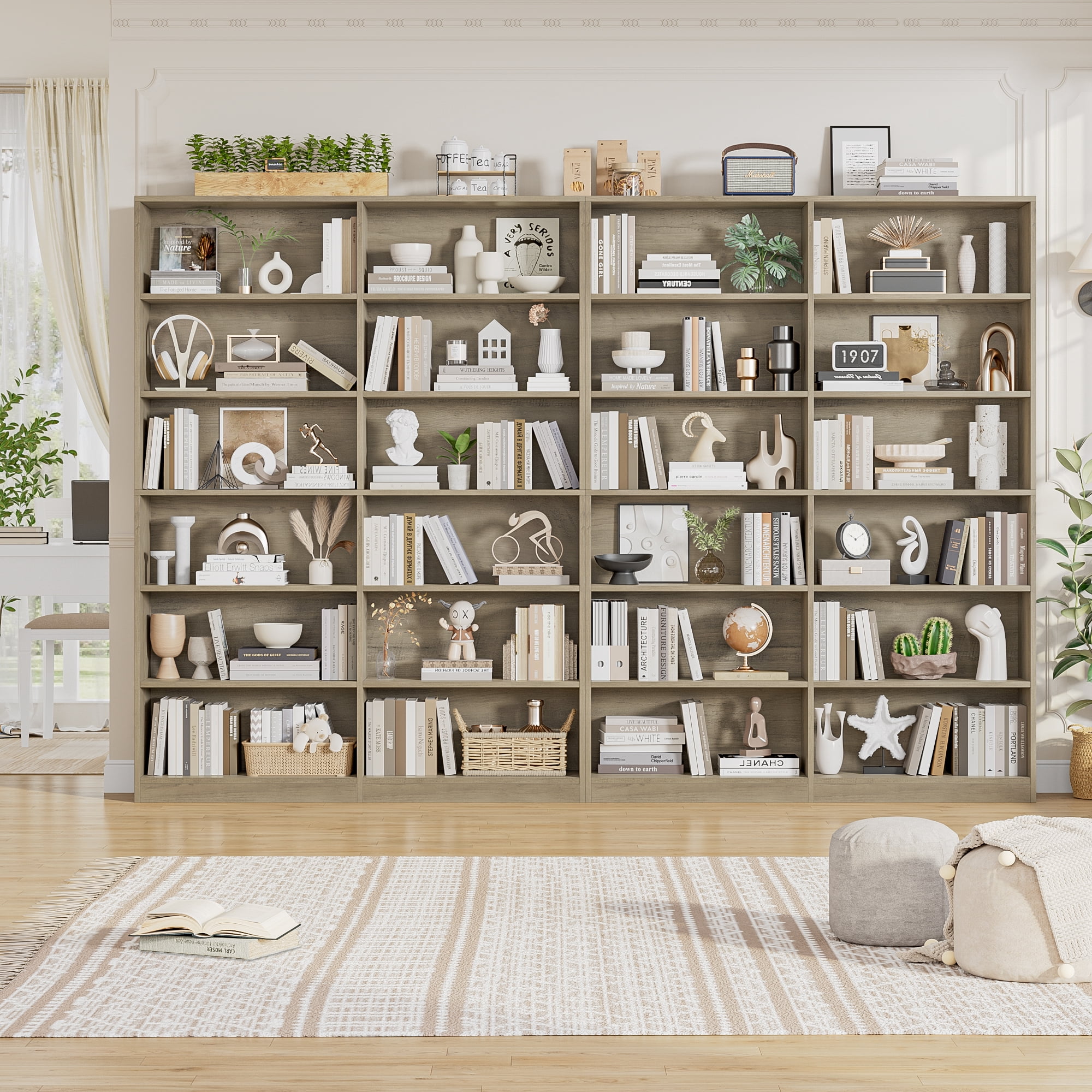 Homfa 74.3” Double Wide 6-Tier Bookcase, Extra Large Wooden Freestanding Display Bookshelf for Home Office Living Room, Gray