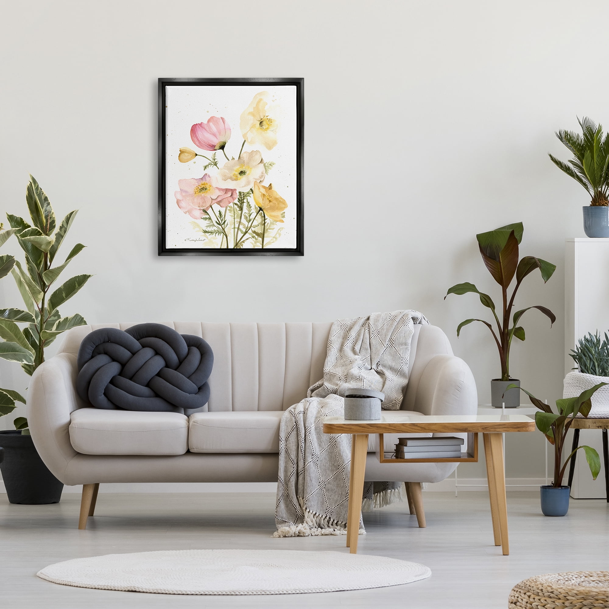 Stupell Industries Pink & Yellow Florals Botanical & Floral Painting Black Floater Framed Canvas Art Print Wall Art, 25 x 31