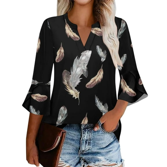 DondPO Womens Tops Women's Flared Sleeve Seven Sleeve V Neck Casual Solid Color T Shirt Top Womens Summer Tops Tops for Women Trendy Black L