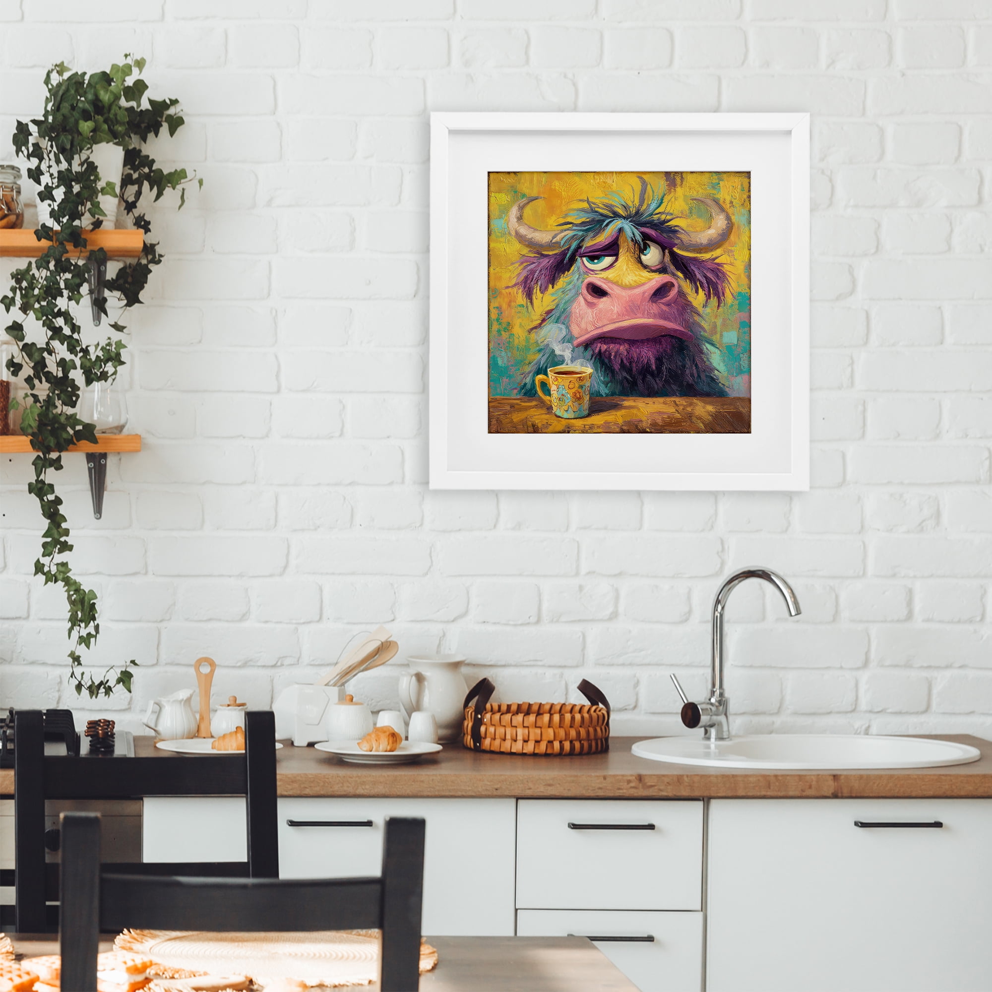 Stupell Industries Grumpy Cow & Mug White Framed Print Under Glass, design by The Wands Want