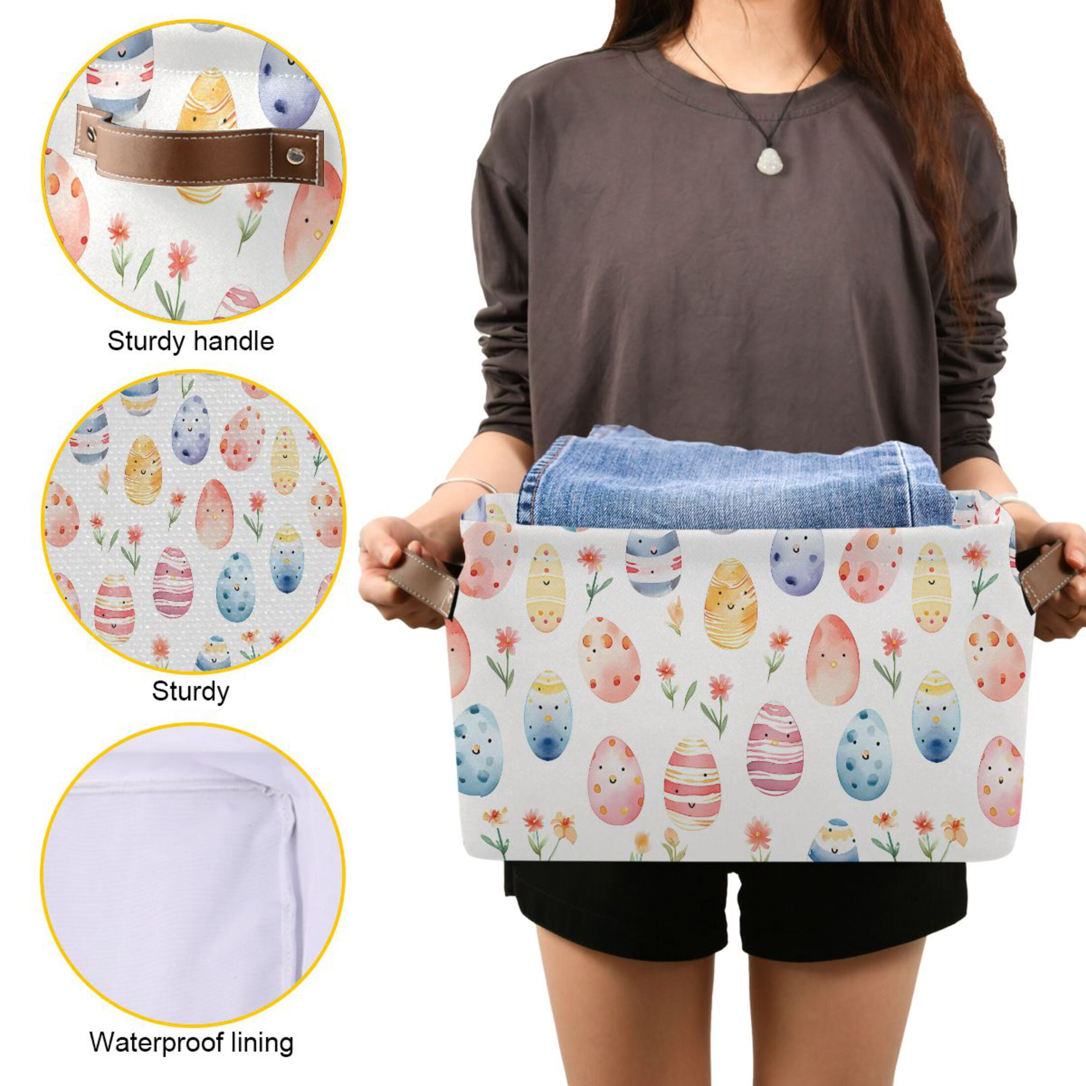 Easter Egg and Flower Storage Bins with Handle Fabric Organizer Basket Foldable Box 2 Pack 14.2x10.2x8.3
