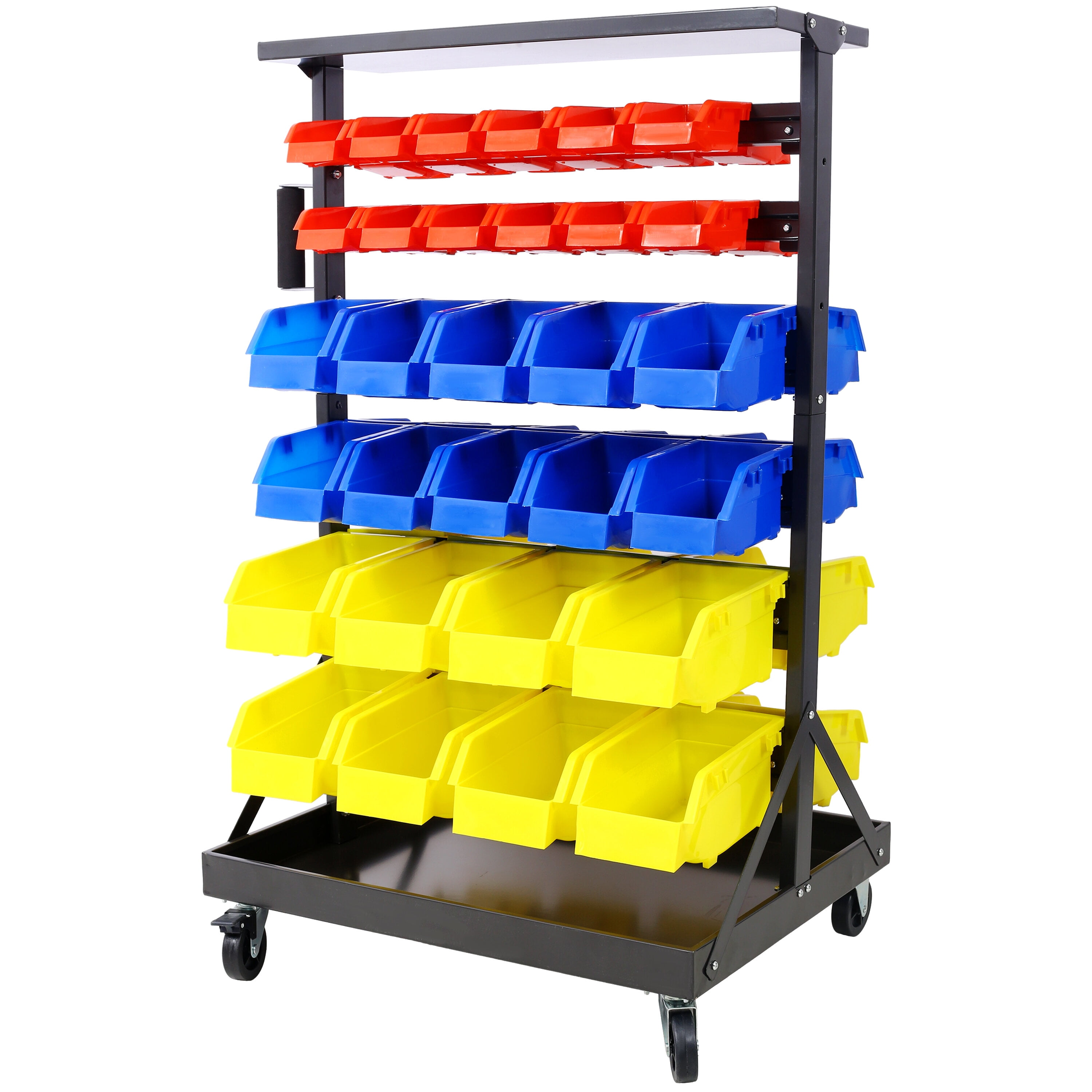 , 6-Tier Dual-Sided Rolling Bin Rack , 350 Pound Capacity, Includes 60 Organizer Bins, with Tray and Casters, Black ,Steel ,