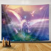 Pink Unicorn Tapestry, Fantasy Psychedelic Animals in Magical Forest with Flower Bird Tapestries, Cool Girl Kids Tapestry Wall Hanging for Bedroom Living Room Dorm, 71X60IN