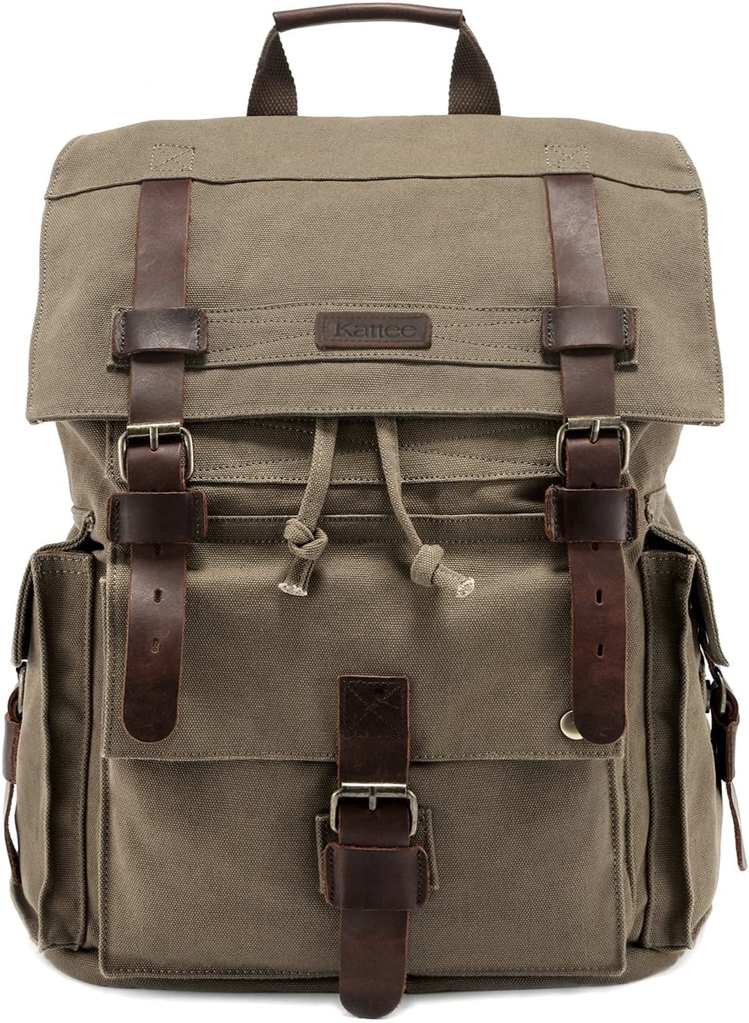 Kattee Men's Canvas Leather Hiking Travel Backpack Rucksack School Bag 