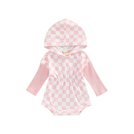

Frobukio Infant Baby Girls Spring Romper Long Sleeve Plaid Patchwork Hooded Bodysuit Snap Crotch Triangle Jumpsuit Pink 0-3 Months