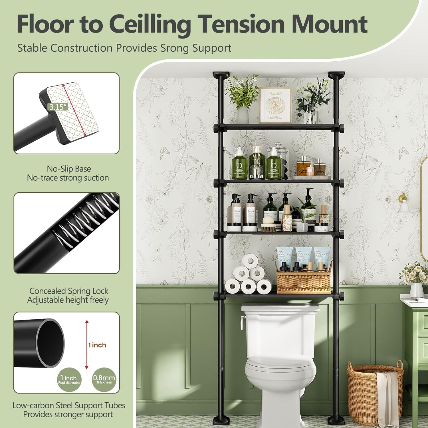 Over The Toilet Storage Shelf, 4-Tier Adjustable Bathroom Organizer, No Drill Tension Mounted Shelves, Space-Saving Bathroom Cabinet Rack Above Toilet for Small Rooms, Black