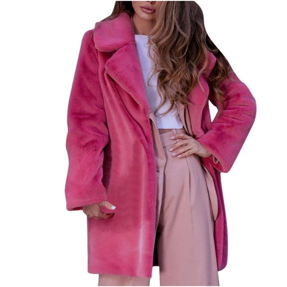 Buigttklop Ladies Casual Solid Color Faux Plush Warm Jacket Coat