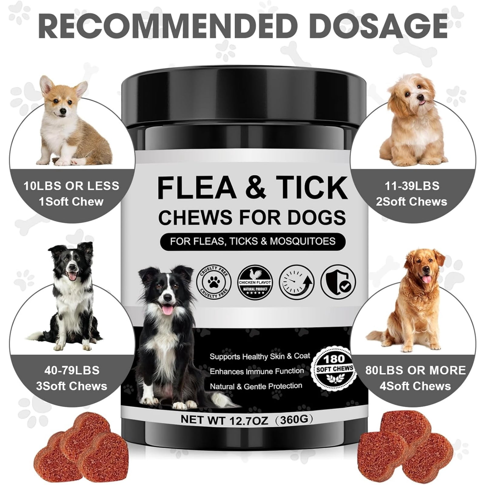 Demine Dog Flea and Tick Chewable Supplement – Natural Support for Skin & Coat Health, Seasonal Comfort & Itch Relief – 180 Soft Chews with Chicken Flavor for Dogs & Puppies