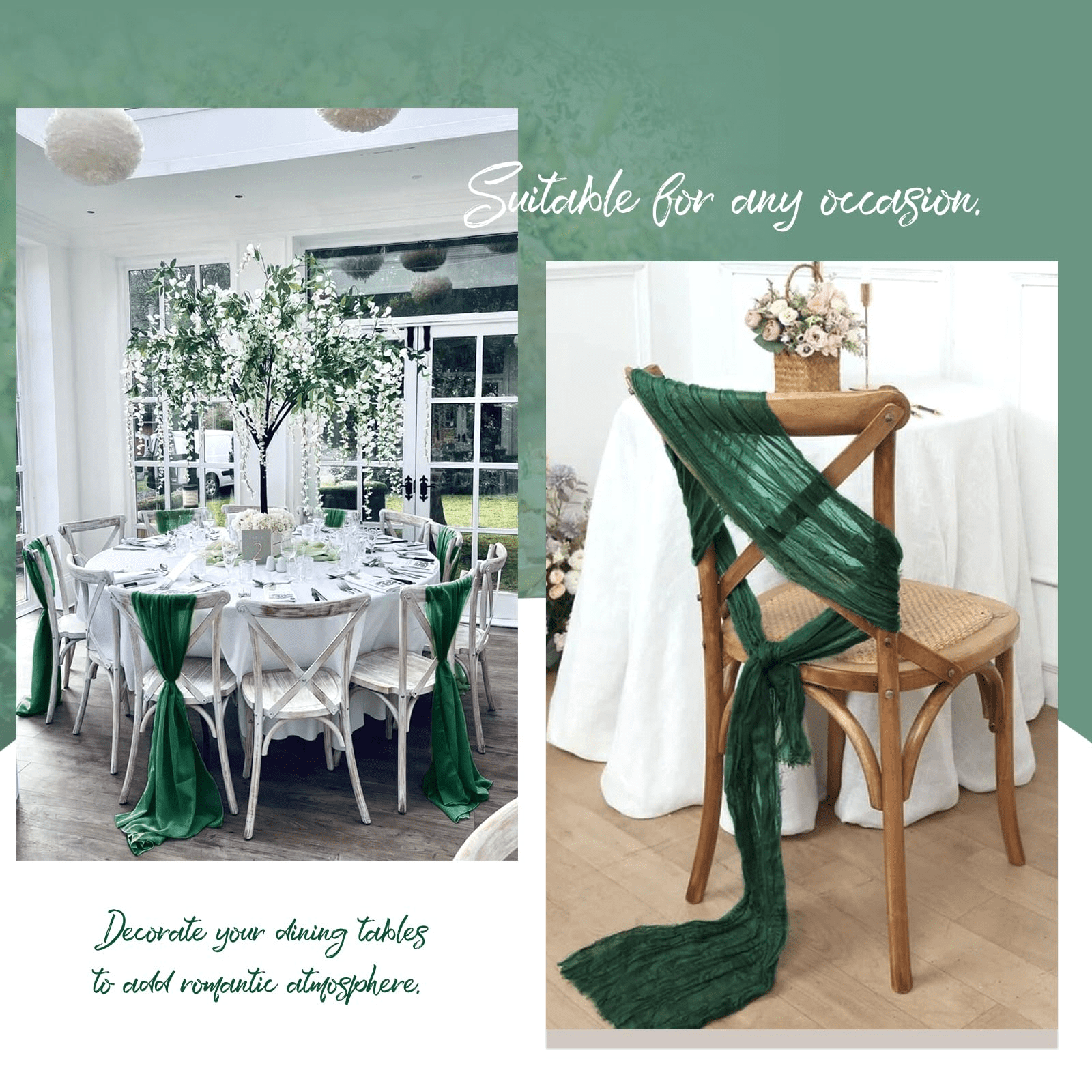 Free Shipping 20 PCS Chair Sashes Cheesecloth Chair Sashes Rustic Chair Decorative Bows Designed Chair Cover for Wedding Banquet Party Aisle Home Kitchen Decoration Dark Green 16 x 108 inch Walmart ...