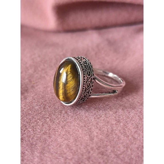 Oval Tiger Eye Stone Ring With Filigree Setting Silvertone Fashion Jewelry