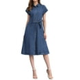 thumbnail image 2 of INSPIRE CHIC Women's Denim Casual Button Down Short Sleeves Belted Midi Dress M Dark Blue, 2 of 6