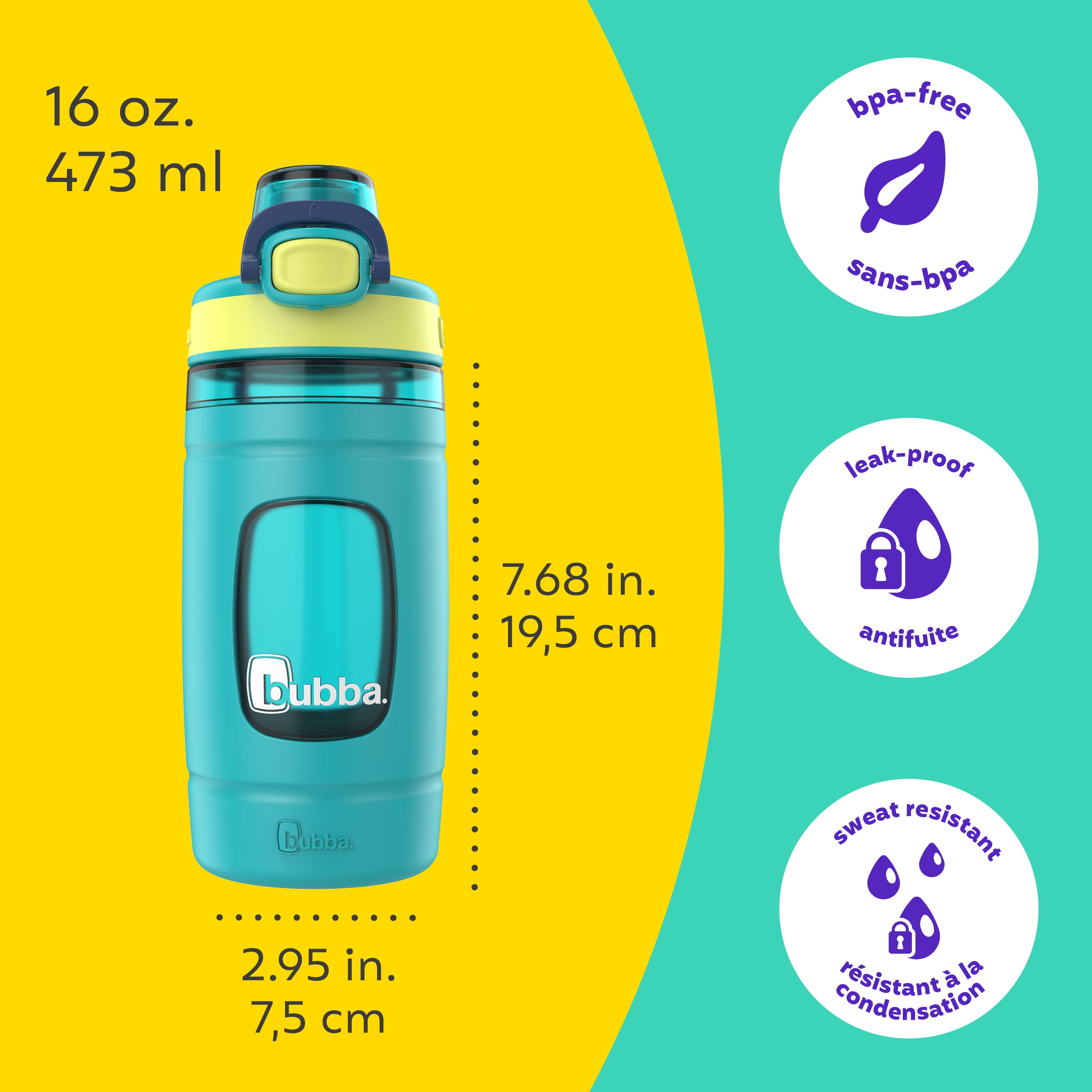 bubba Kids Flo Water Bottle, 16 oz (473 ml), Wide Mouth, Silicone Sleeve, Push Button Lid