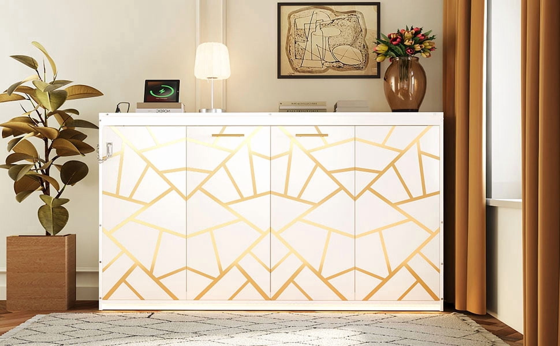 Mintazer Twin Size Murphy Bed with LED Lights & USB Port, Modern Folding Cabinets Bed with Gold Geometric Pattern for Home Office, White