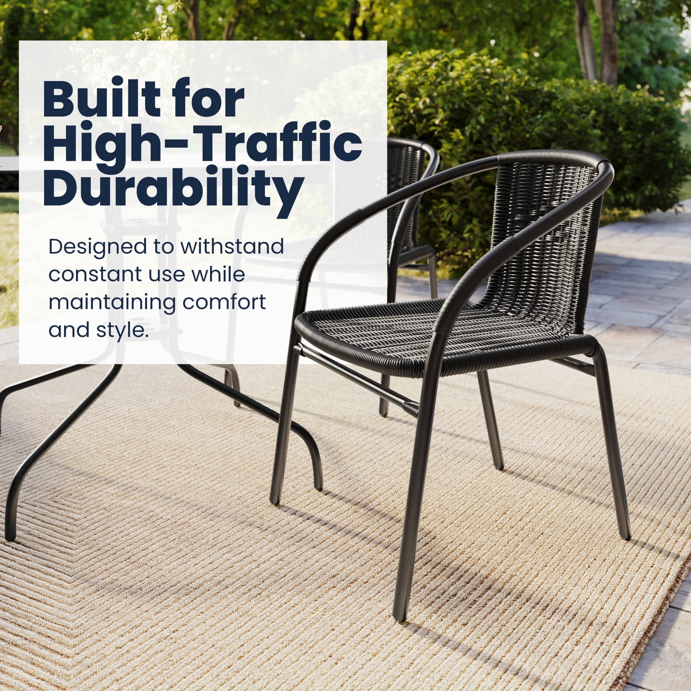 Flash Furniture 28'' Square Glass Metal Table with Black Rattan Edging and 4 Black Rattan Stack Chairs