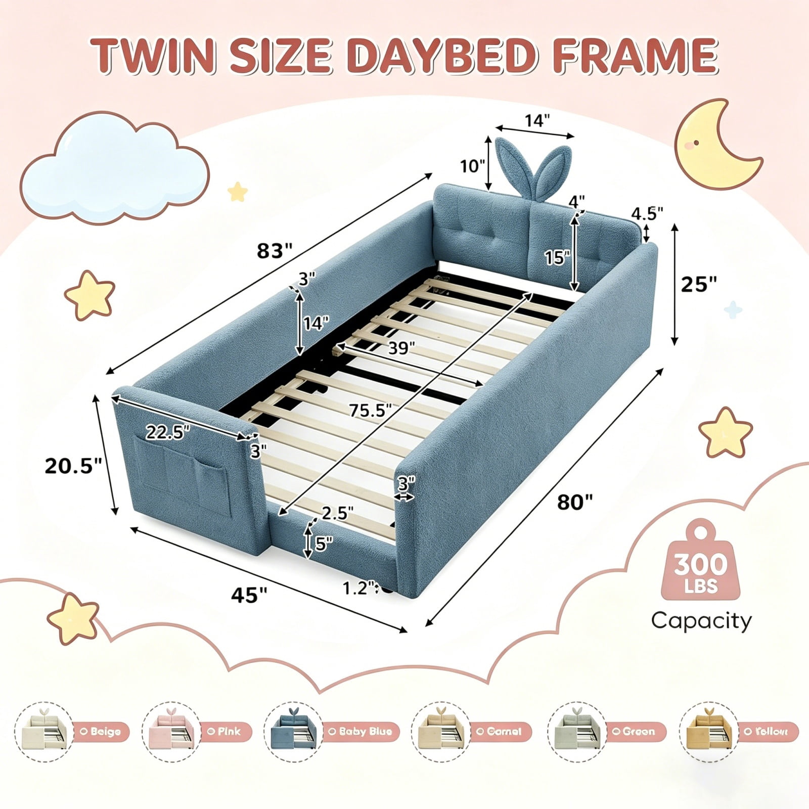 Deiokin Twin Size Bunny Ear Platform Bed Frame, Upholstered Boucle Fabric Bed Frame with Safety Rail & Storage Pocket