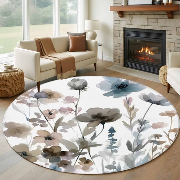 Blue Grey Pink Spring Floral Round Area Rug 5 FT, Non Slip Bedroom Area Rug, Watercolor Botanical Washable Soft Circular Carpet Non-Shedding Floor Mat for Kitchen Dining Room Foyer Balcony Dorm