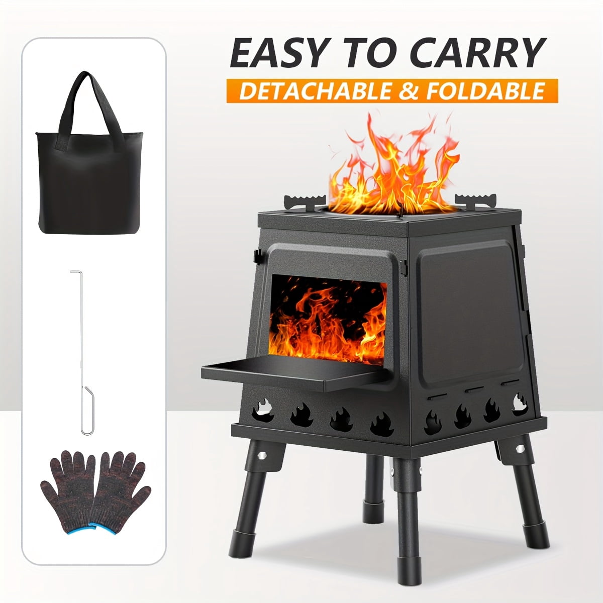 Portable Cast Iron Wood Burning Camp Stove - Heavy-Duty Outdoor Cookstove & Heater, Chimney/Air Vents/Sturdy Legs, Firewood/Charcoal Compatible, No Electricity, for Camping/Hiking/Picnic/BBQ