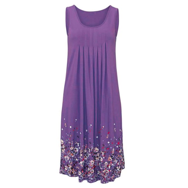 BJYX Robe Sans Manches Plissé Col Carré Imprimé Floral en Vrac Femmes Été Boho Robe Midi Courte Soirée Partie Plage Robe de Soleil