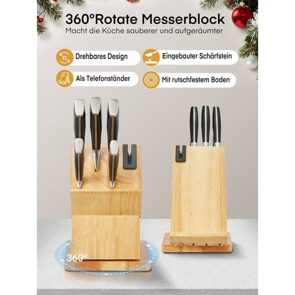 FOHERE Knife Set, 360° Rotatable Knife Holder with Phone Stand, 6-Pieces High Carbon Stainless Steel Knife Set, Built-In Sharpener