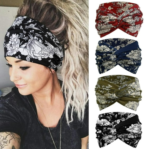 4PCS Women Knotted Headband Elastic Head Bands Women's Hair Band Non-Slip Turban Printed Stylish Sport Sweat Hair Wrap for Girls Cute Hair Accessories