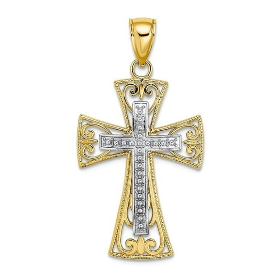 18mm 10k Solid Yellow Gold 2-d and Sparkle-Cut Beaded Filigree Religious Faith Cross Charm Pendant Necklace for Women