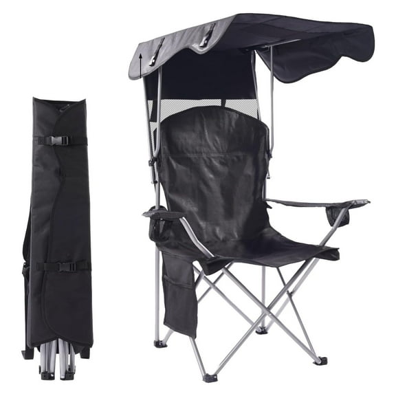 CozyBox Portable Folding Camping Chairs with Canopy Shade, Beach Chair for Adults, Durable Weather Resistant 600D Cloth, Camping Chair with Canopy for Outdoors [Black]