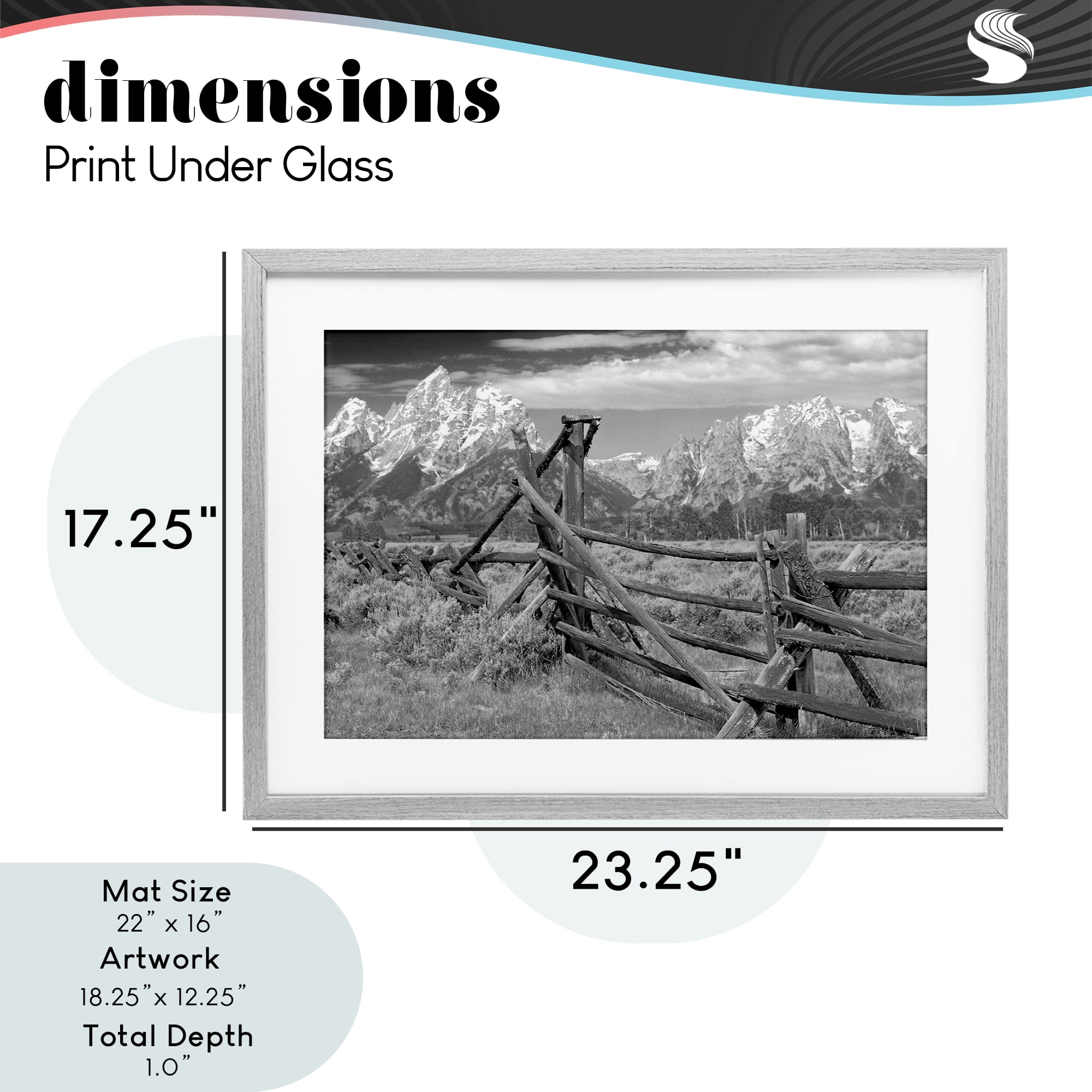 Grand Tetons Mountains & Fence Gray Framed Print Under Glass, design by MJ Photography