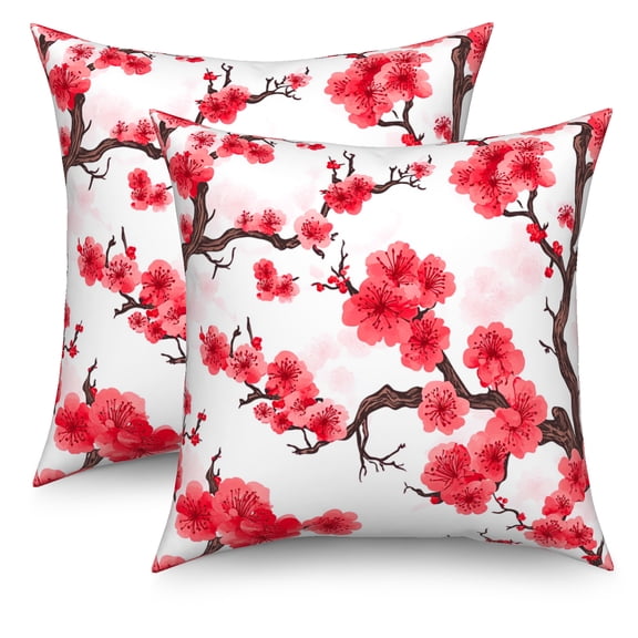 MIZHONA Plum Blossom Pillow Covers Red Cushion Cases,18x18 Inch,Set of 2 Square Pillow Case for Home Couch Bedroom Car