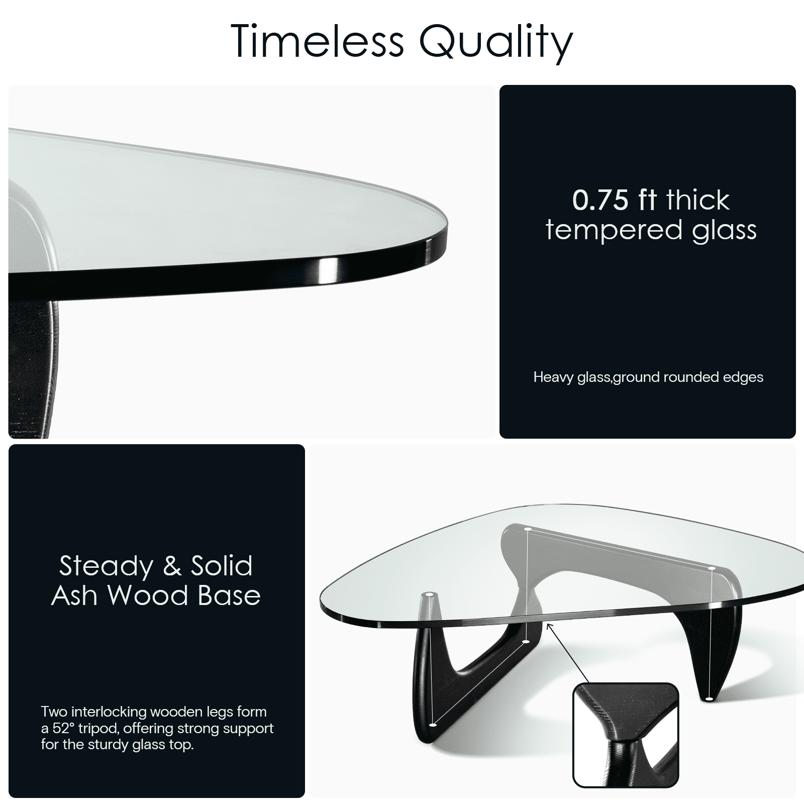 Tranqu Triangle Clear Glass Coffee Table, 0.75″ Ultra Thick Tempered Glass Top, Wooden Base, Modern Cocktail Table for Living Room - Black