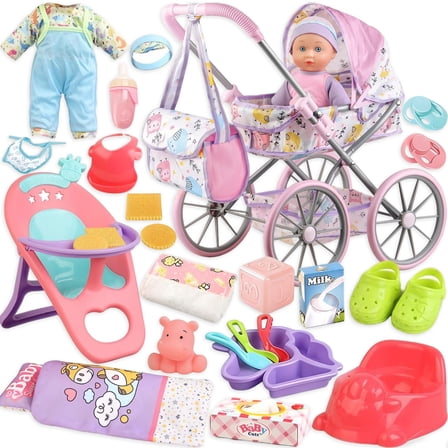 LINXUXIE Baby Doll Stroller Toys Set with 12" Baby Doll, Quilt Pillow, Doll Accessories and 2 Sets Doll Clothes, Baby Doll Toys for Kids 3-5 4-6 5-7 Gifts