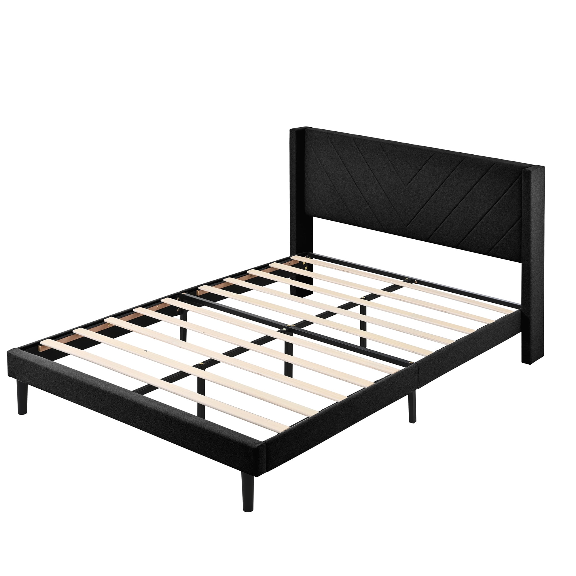 Queen Size Platform Bed Frame with Wingback Upholstered Headboard, Sturdy Wooden Slats Support, Easy to Assembly, Black