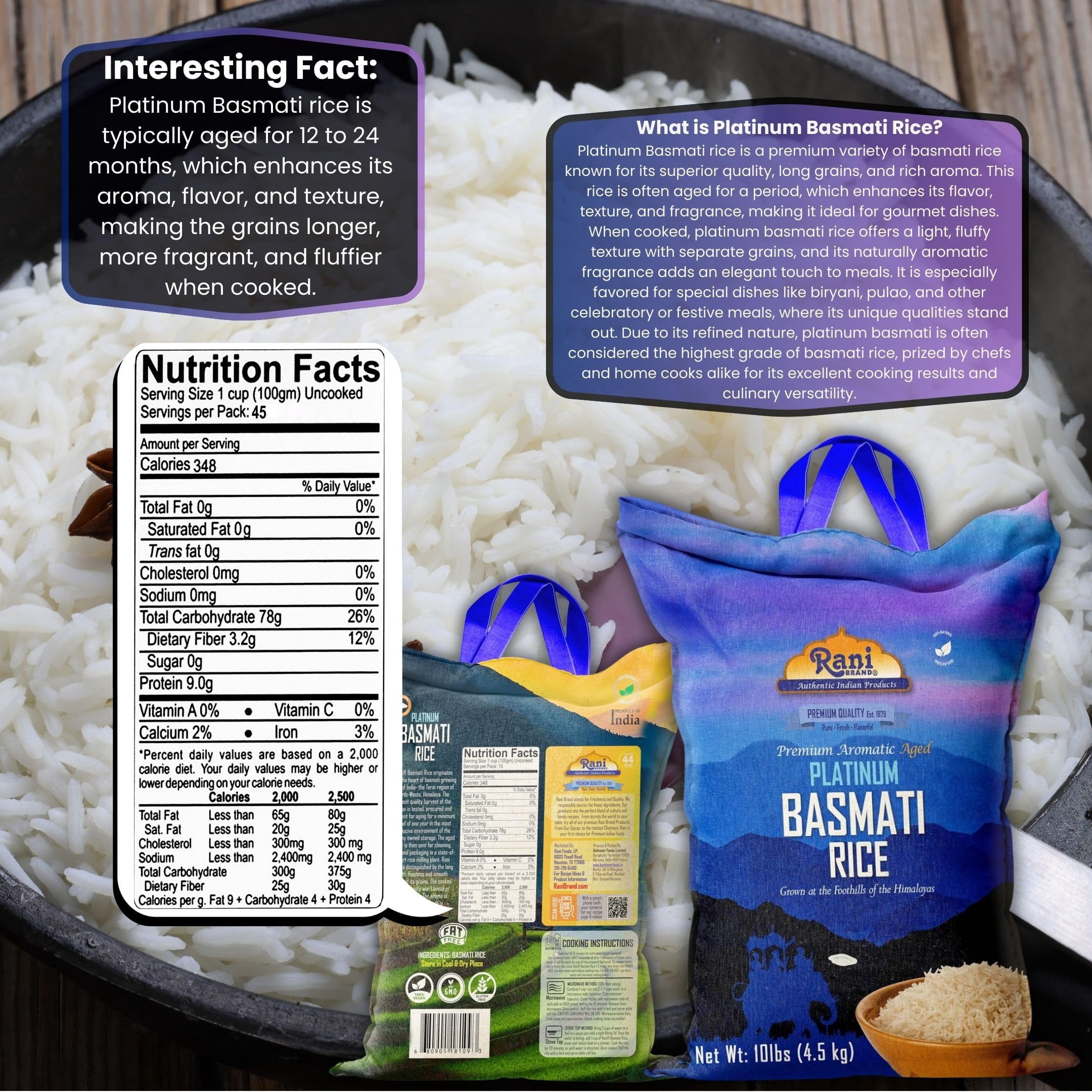 Rani Platinum White Basmati Rice Extra Long Aged 10-Pound Bag, 160oz (10lbs) 4.53kg ~ All Natural | Gluten Friendly | Vegan | Indian Origin | Kosher